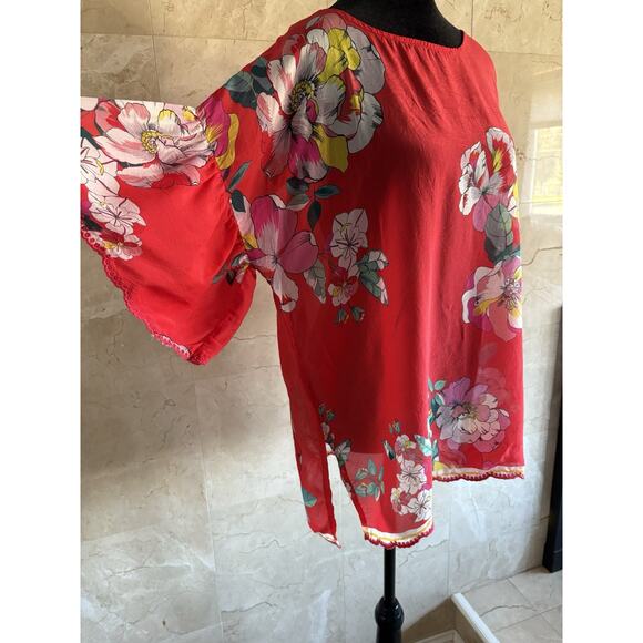 Johnny Was Passion Flower Eloise Top Small Red Embroidered Sheer Oversized Boho - Picture 7 of 15